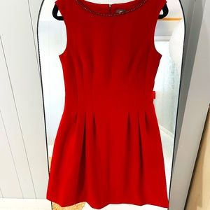 Vince Camuto Pleated Sleeveless Rhinestone Jewel Neckline Red Burgundy